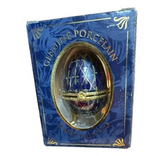 My Treasure Fabulous Egg Porcelain Trinket Box Hand Painted Blue Gold #11027 picture