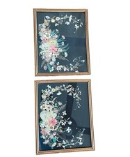 TWO Vintage Dried Flower Pictures Pressed Herbarium Decor Black Background picture