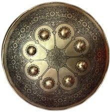 Islamic Arabic Holy Wordings Carved Steel Shield  18” golden Finish battle Ready picture