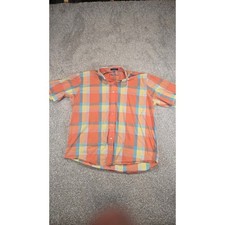 Alan Flusser Mens XL Short Sleeve Button Down Shirt Orange Blue Plaid Cotton picture