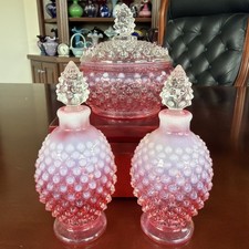 1930s MCM Fenton Cranberry Hobnail Vanity Set 2 Perfume Bottles & Powder Dish picture