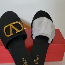 Valentino Garavani Patent Leather Slide Sandals Black Gold VLogo US 7 (37) picture