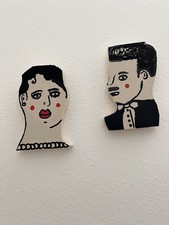 VTG Folk Art Wood Carved Pair Wall Hanging Jazz Musicians Black & White Outsider picture
