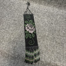 Antique c1910 Glass Seed Bead Rose Floral Panel Bookmark Fringe 10in picture