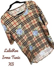 NWT LuLaRoe Irma Tunic T - Classic Tan Plaid w/ Blue Roses XS picture