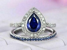 2.09Ct Blue Pear Sapphire Lab-Created Halo Engagement Ring Set 14K White Gold picture