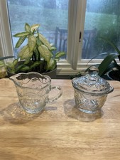 Princess House Fantasia Crystal Creamer & Covered Sugar Bowl Clear Floral Glass picture