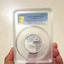 Banco de México 2025 Mo 10 Pesos Silver PCGS PR69 DCAM 100th Ann 1925-2025 picture