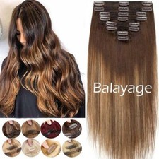 Balayage Thick Double Weft Clip in Real Remy Human Hair Extension Full Head 8PCS picture