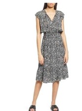 Rails Clementine Smocked Floral Black Midi Dress Black Flutter Sleeve Large picture