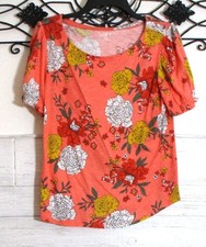 Loft Women's Knit Top Size MP Short Sleeve Orange Floral Round Neck picture