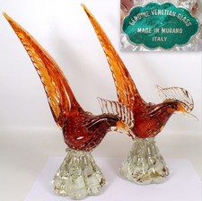 MINT Vtg MCM Murano Italy PAIR Pheasant Bird Gold Bubble Art Glass Venetian picture