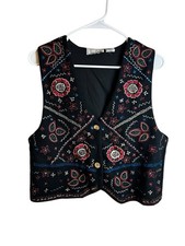 Vintage Tanzara Embroidered Wool Vest Black Floral Cottagecore Boho Size Small picture