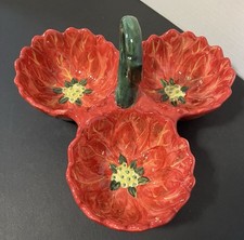 Vintage Tabletops 3 Part Handled Ceramic Condiment Dish Holiday Poinsettia 9”W_ picture
