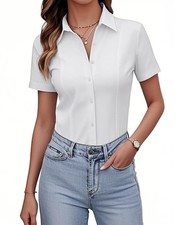 Women's White Button Down Short Sleeve Stretch Dress Shirt Medium Size picture