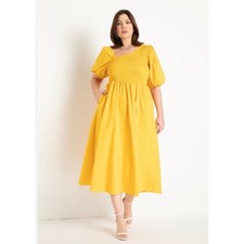 ELOQUII Yellow Maxi Dress Midi Smocked Puff Sleeve Plus Size 18 Pockets NEW Long picture