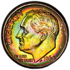 MS65 1964-D 10C Roosevelt Silver Dime, PCGS Trueview- VIVID Rainbow Toned picture