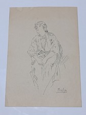 Alphonse Mucha Drawing on paper (Handmade) signed and stamped vtg art picture