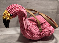 Retro Fun Pink Flamingo Wicker Purse/Basket Weaved Bag with Leather Straps picture