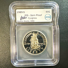1989-S Congress Bicentennial 50C Proof Commemorative ICG Slab Silver/Clad Signed picture