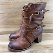 FREEBIRD Baker Mid Boot 9 Cognac Brown Leather Stacked Heel Festival Boho Zip picture