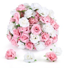 Yinsun 50pcs Mini Roses Artificial Flower Heads, 1.57 Inch, Pink and White picture