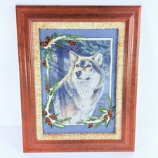 VTG Hand Stitched Needlework Framed Art Northern Wolf & Pinecones 20x16