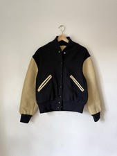 Vintage 60s Kaye Bros Chicago Varsity Letterman Jacket Black Wool Tan Leather 36 picture