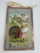 Antique 1909 Thanksgiving Postcard Turkey Lady Germany Framed Hearty Greetings picture