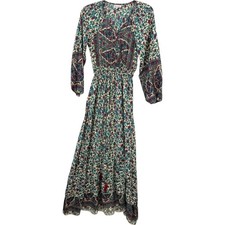 Boemo Anthropology Floral Maxi Dress S Teal Pink Boho Smocked V-Neck Long Sleeve picture
