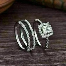 Gorgeous Princess Cut Lab Created Diamond 14k White Gold FN Engagement Ring Set picture