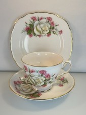 Vtg Royal Vale Bone China Trio Tea Cup Saucer Dessert Plate Rose Carnation 1960s picture