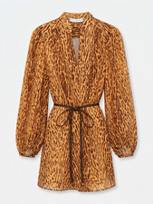 ZIMMERMANN Leopard Animal Print Silk Chiffon Mini Dress Belted V-Neck Sz 0 picture