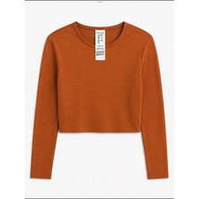 Spanx AirEssentials Long Sleeve Cropped Crew Neck Top Terracotta Orange Small picture
