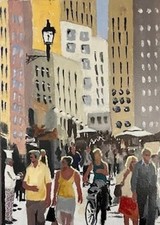 Painting in oils original on canvas showing a bustling shopping day in Europe. picture