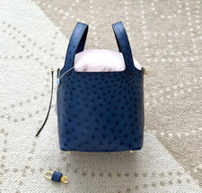 AUTH Hermès Picotin Lock 18 Bleu Saphir Ostrich Leather Gold Hardware Bucket Bag picture