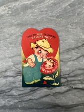 Rare Vintage Valentine Farmer Boy Anthropomorphic Pretty Pink Flower Girl Garden picture