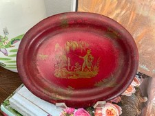 Oriental Early 1800s Red & Gold Tole Tin Metal Work Small Coin Tray C1810-1820 picture