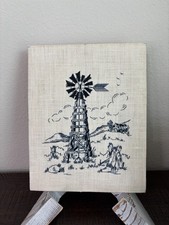 Vintage Windmill Crewel Embroidery Panel Handmade Country Farmhouse Needlework picture