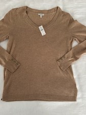 Talbots Petite PS Sweater Tan Brown V Neck Long Sleeve Button Cuff NWT picture