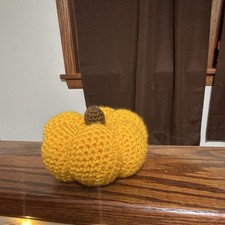 Handmade Crochet Pumpkin Figurine Orange/Brown Yarn Freestanding 4.5x3.5in picture
