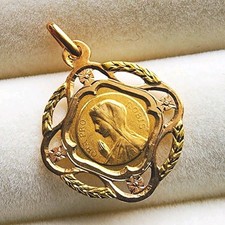 Authentic 18K Yellow Gold French Art Deco Virgin Mary Pendant Religious Charm picture