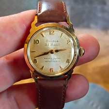 Bulova 23 Jewels Self-Winding Vintage 1950s Gold Dial Brown Leather 31mm picture