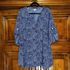 Catherines Tunic Top Womens 4X Blue Animal Print Roll Tab Sleeve Button Front picture