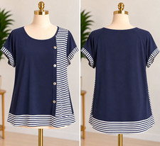 Atelier 29 Women’s T-Shirt XL Navy/White Striped Scoop Neck Button Knit Stretch picture