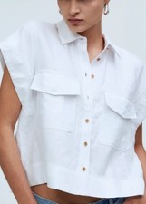 Madewell Flap-Pocket Button-Up Shirt 100% Linen White Cropped Casual Large picture