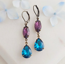 Amethyst Purple Crystal Marquise and Dark Teal Blue Teardrop Dangle Earrings picture