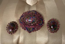Schreiner NY  Magenta  & Blue Set Domed Oval Art Glass Large Brooch & Earrings picture