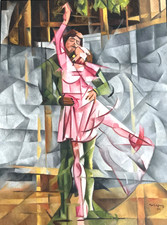 Large 1977 Cubist Dancing Couple Painting Signed Mark Adams Modernist picture