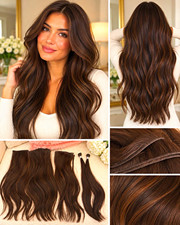 Dark Brown Human Hair Body Wave Wavy Weft Extensions 16 in 6 Pieces picture